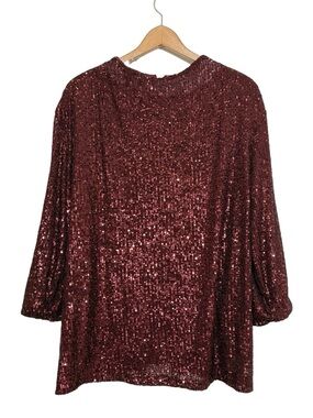 Cable & Gauge Sequin Top 2X Burgundy Sparkle Holiday Party Blouse NWT